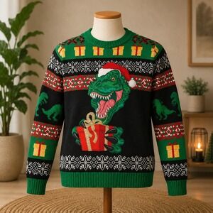 NWOT 33 Degrees Ugly Christmas Sweater Mens Small Black Green T-Rex Holiday‎